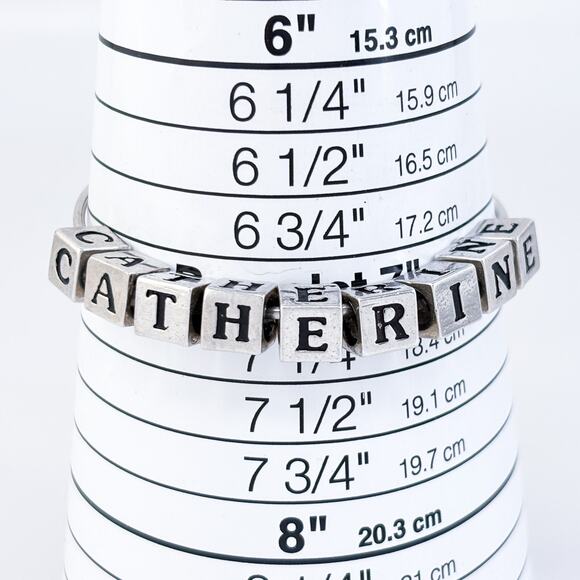 Vintage Sterling Silver 925 Catherine Name Cube Charm Bangle Bracelet 7" - Picture 8 of 10